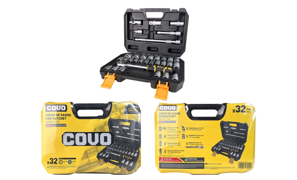 JUEGO DADOS C/RACHET 1/2" 32PCS COVO 7-560