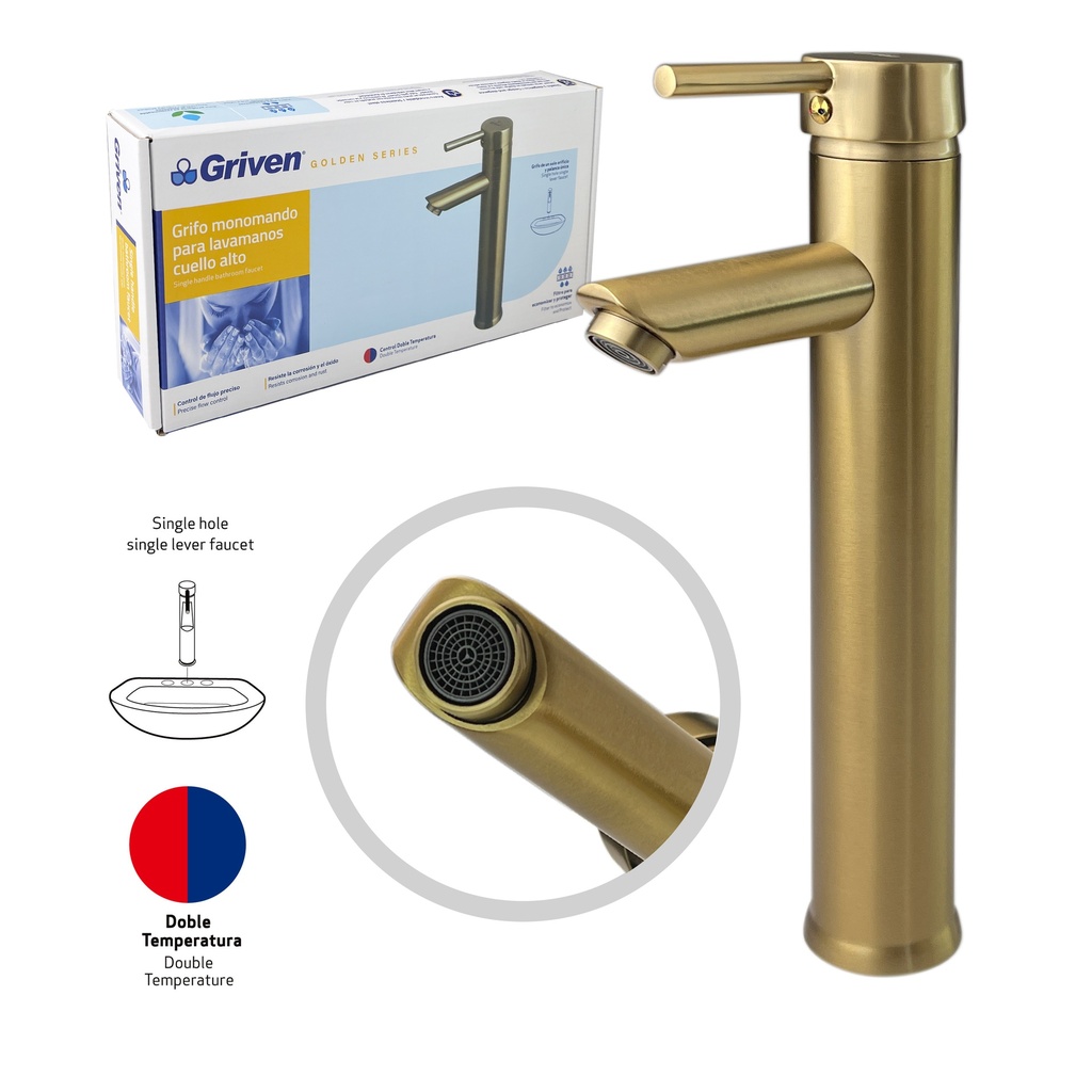 LLAVE LAVAMANO ALTA MONOMANDO GRIVEN GOLD 7-575