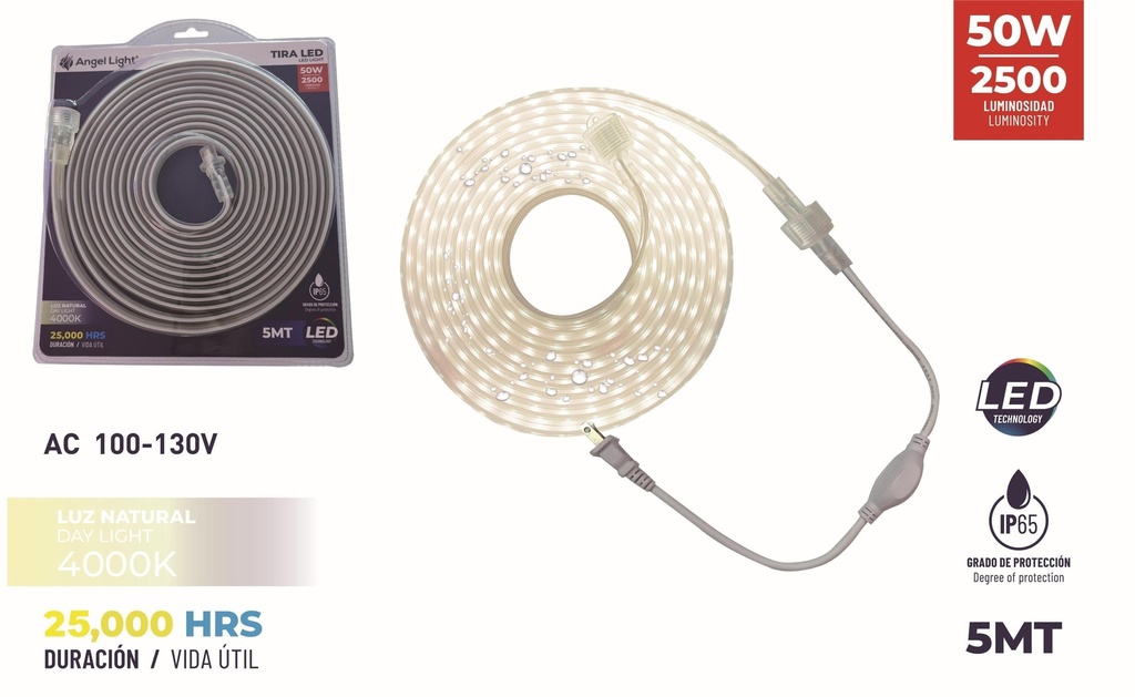 CINTA LED LUZ NAT 5 MTS x 50W IP65 C/CONECTOR ANGEL L 7-582