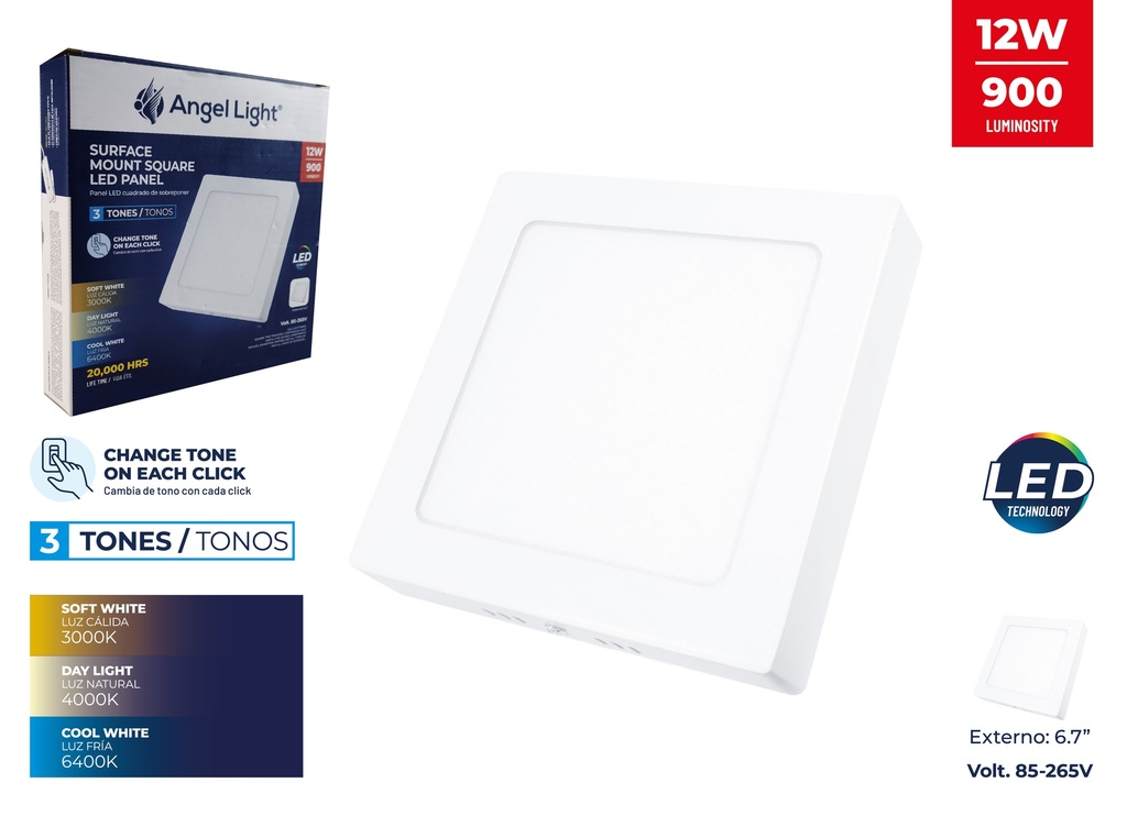 PANEL LED SUPER BLANC CUAD 12W 3 TONOS ANGEL LIGHT 7-611