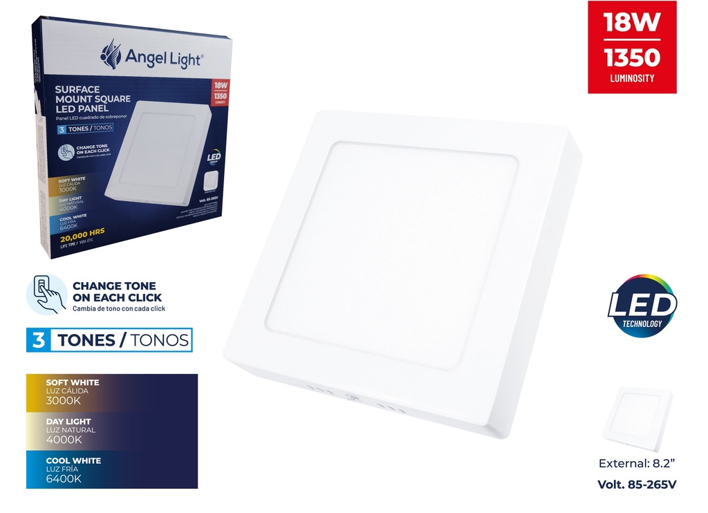 PANEL LED SUPER BLANC CUAD 18W 3 TONOS ANGEL LIGHT 7-612