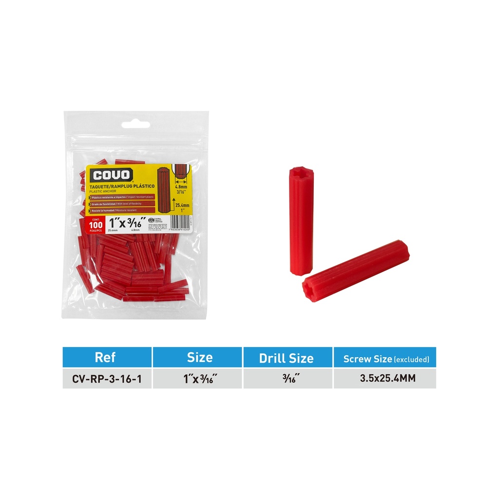 RAMPLUG ROJO 3/16 x 100 PCS COVO 7-637