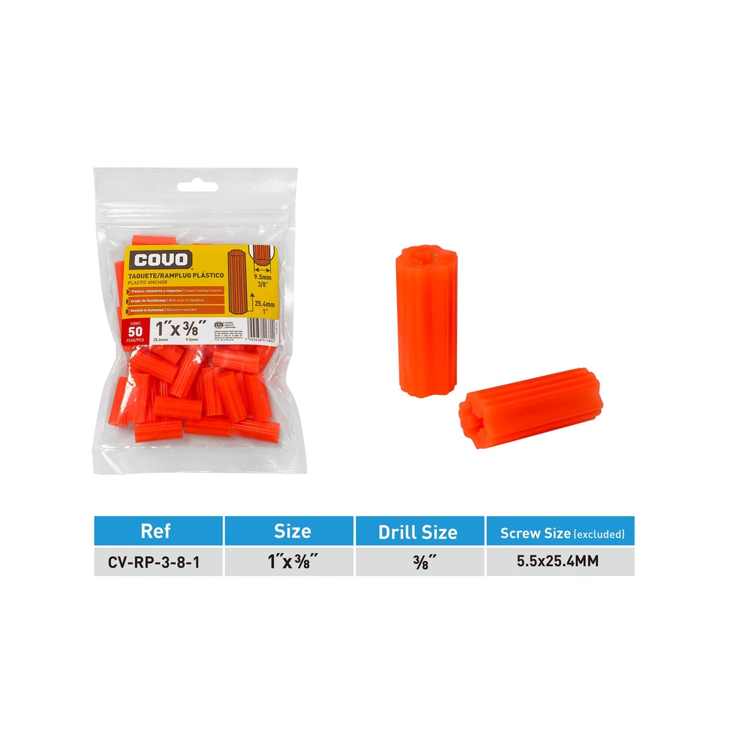 RAMPLUG NARANJA 3/8 x 50 PCS COVO 7-638