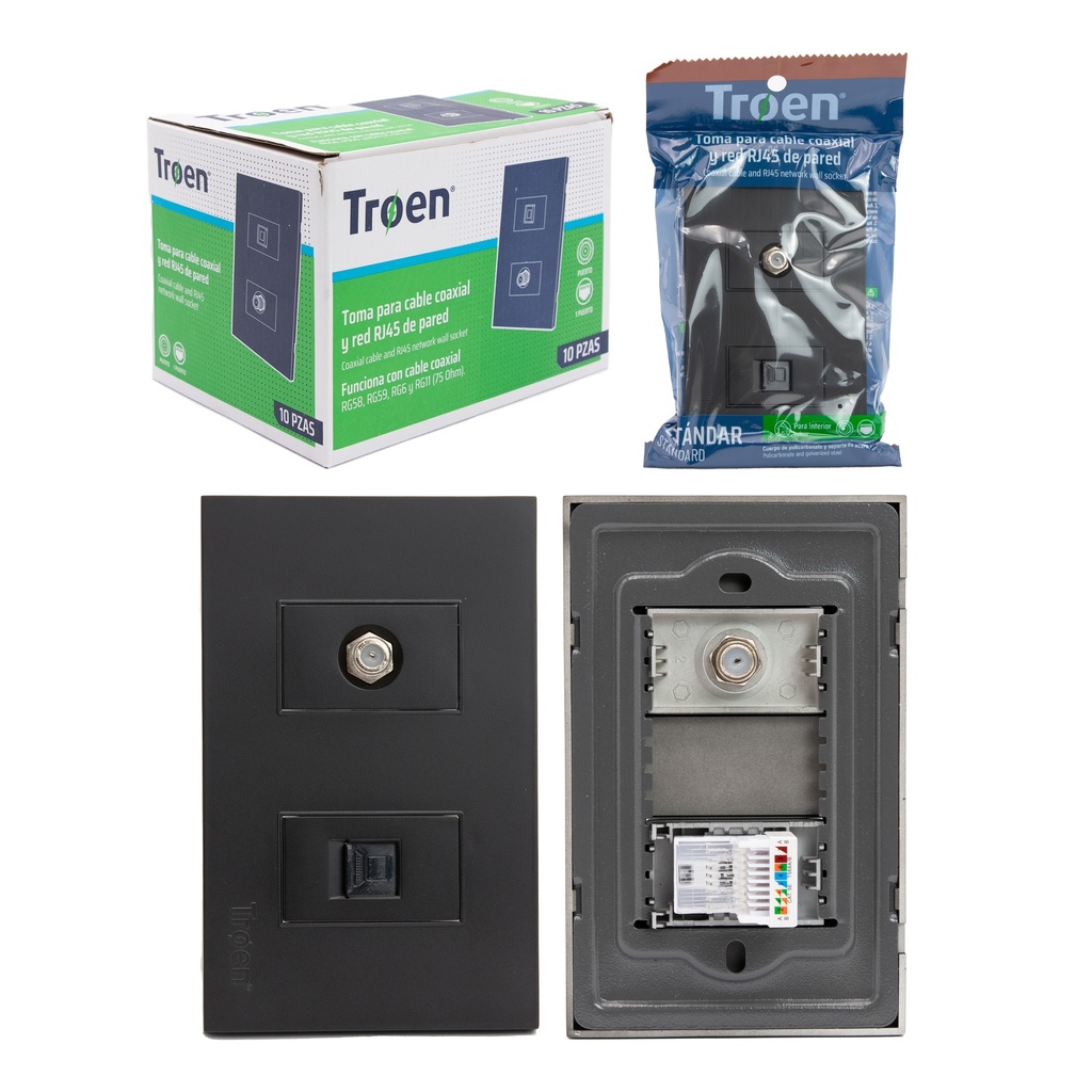 TOMA P/CABLE COAXIAL / RJ45 NEGRA TROEN 7-777