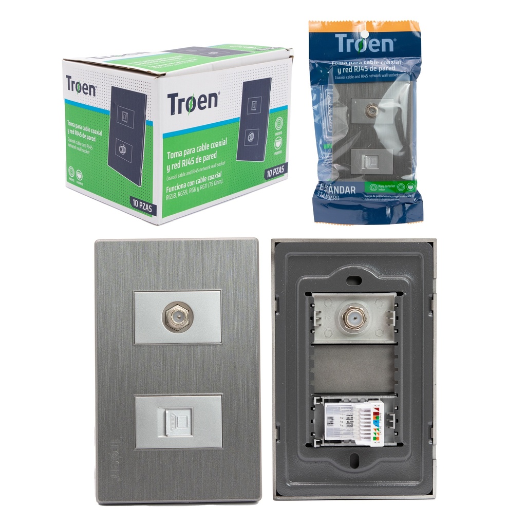 TOMA P/CABLE COAXIAL / RJ45 GRIS TROEN 7-779