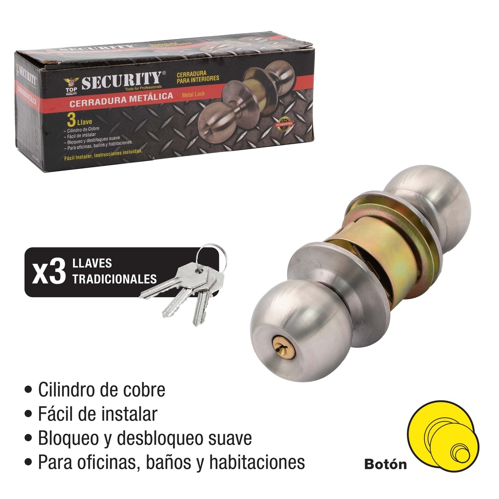 CERRADURA DE POMO BOTON PLATA SECURITY 7-826
