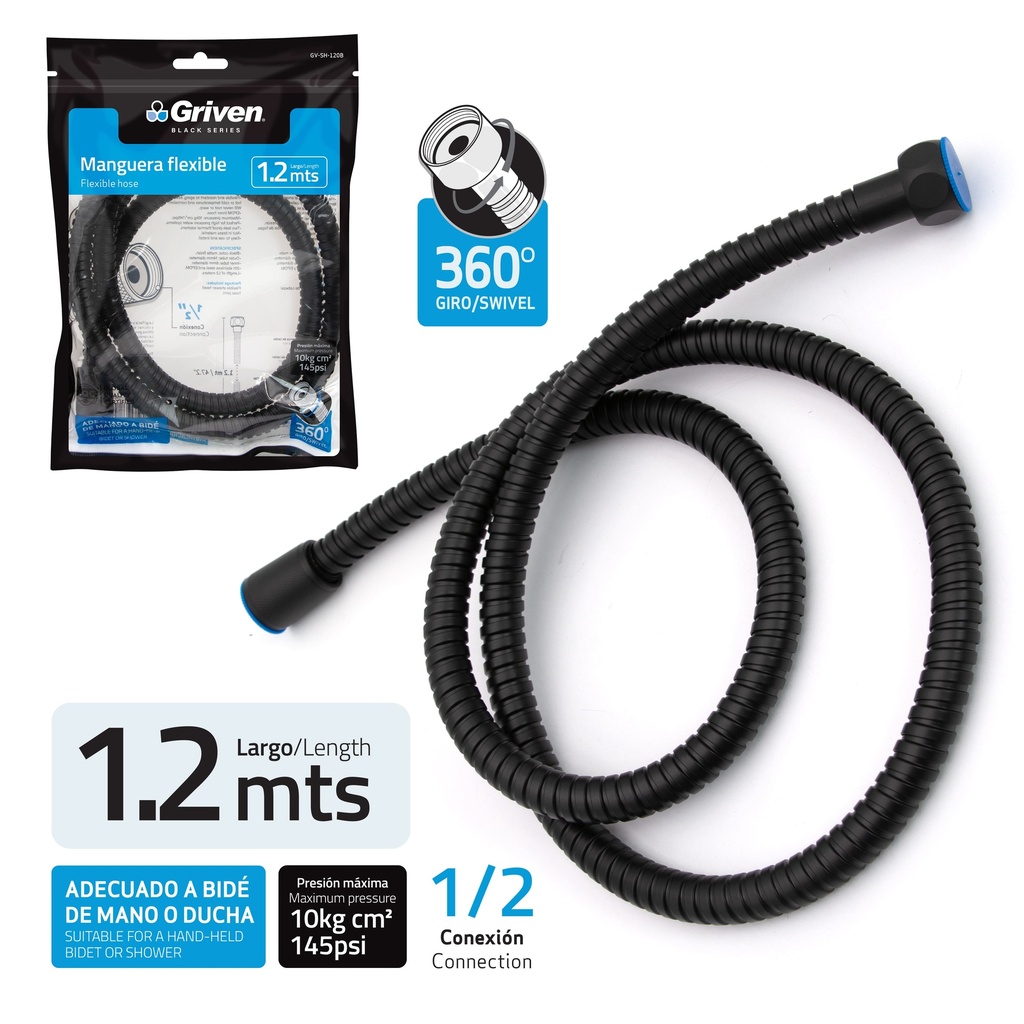 MANGUERA P/DUCHA TELEFONO 1.2MTS GRIVEN BLACK 7-834