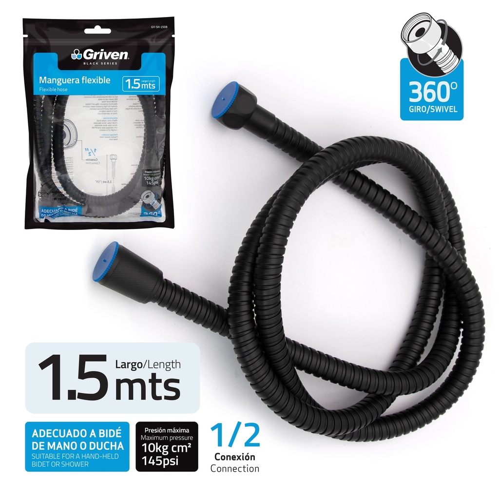 MANGUERA P/DUCHA TELEFONO 1.5MTS GRIVEN BLACK 7-835