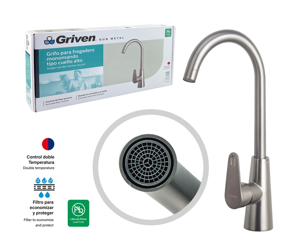 LLAVE FREGADERO MONOMANDO GRIVEN GUN METAL 7-843