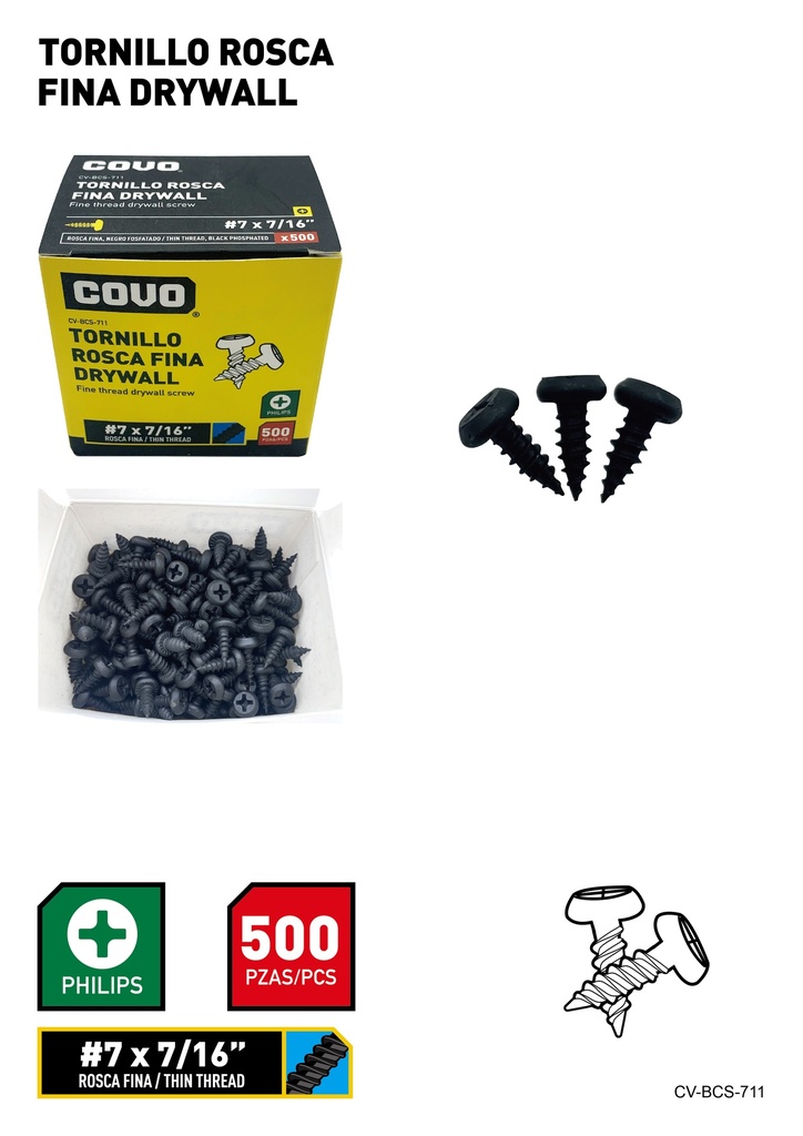 TORNILLOS DRYWALL R. FINA 7 x 7/16" x 500 UNID COVO 7-887