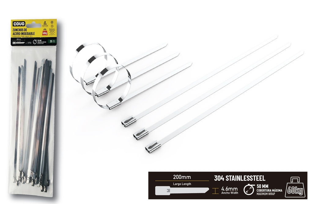 TIRRAP ACERO INOX 4.6mm x 200mm x 25 UNID COVO 8-008