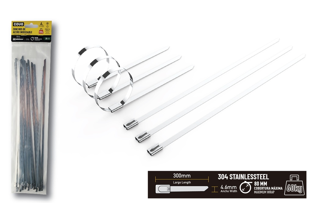 TIRRAP ACERO INOX 4.6mm x 300mm x 25 UNID COVO 8-010