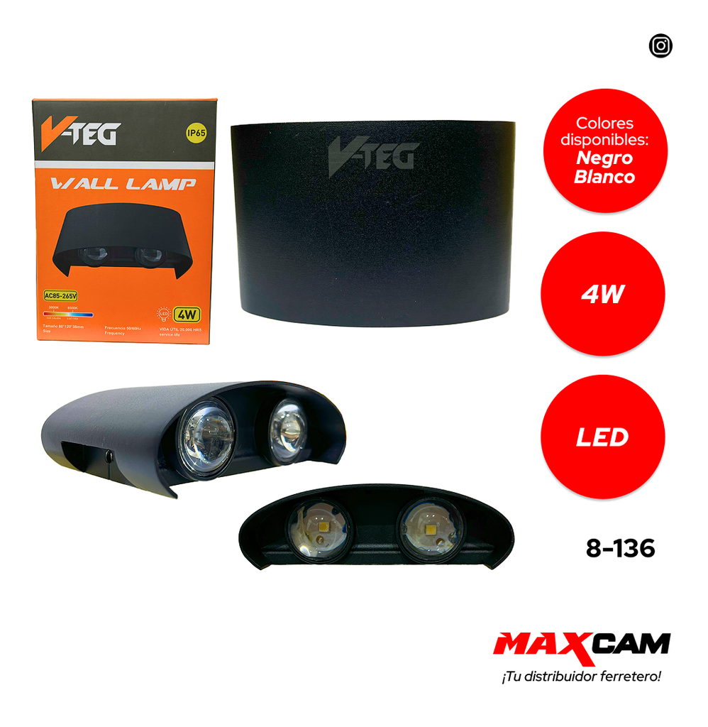 LAMPARA APLIQUE NEGRA P/PARED 4W LUZ CALIDA V-TEG 8-136