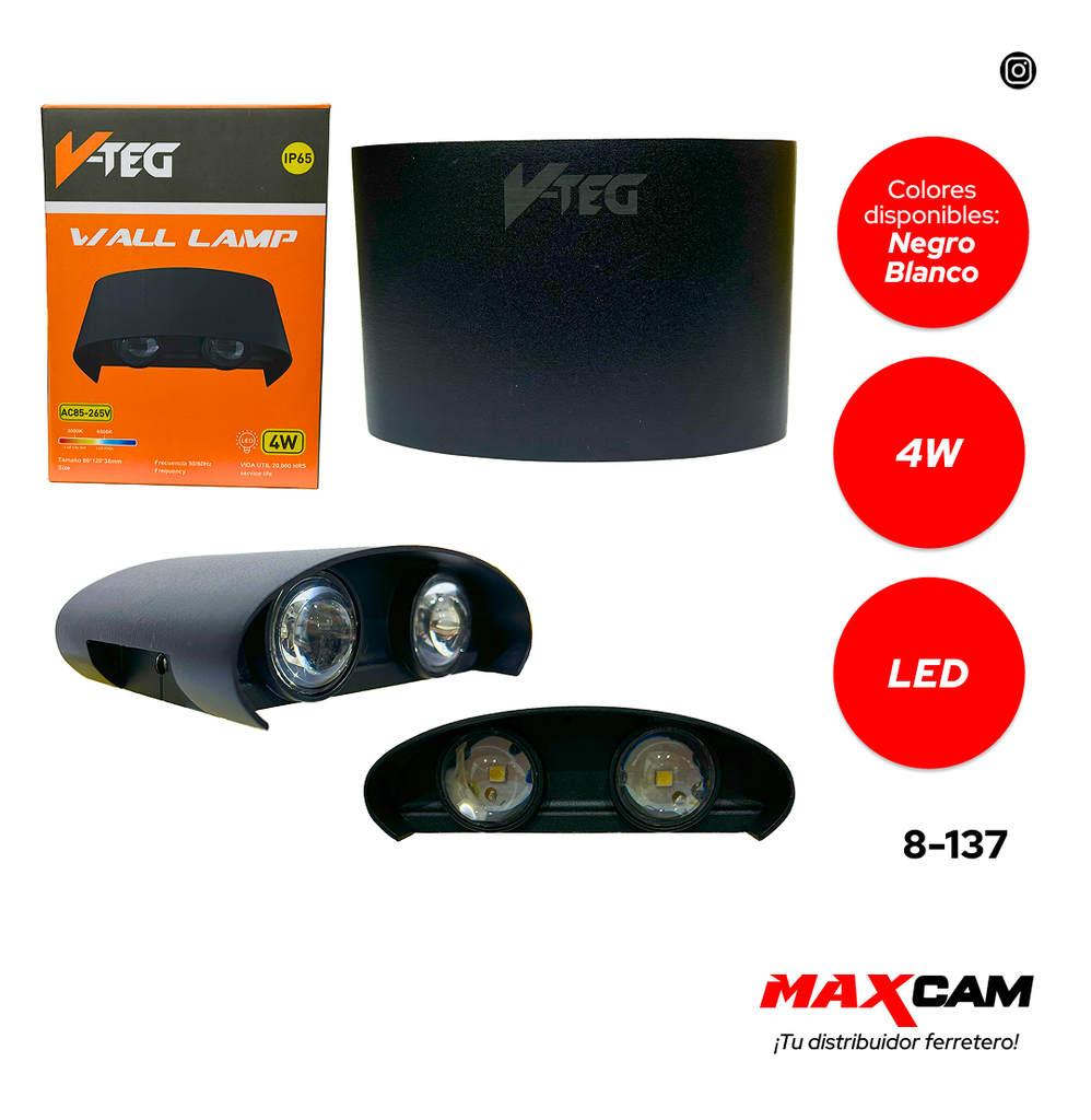 LAMPARA APLIQUE P/PARED 4W LUZ FRIA V-TEG 8-137