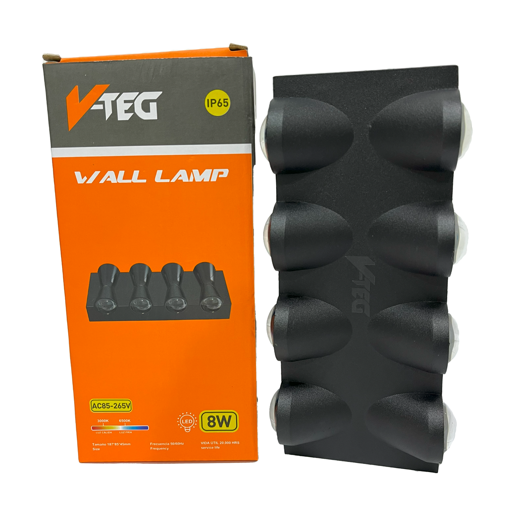 LAMPARA APLIQUE NEGRA P/PARED 8W LUZ CALIDA V-TEG 8-138
