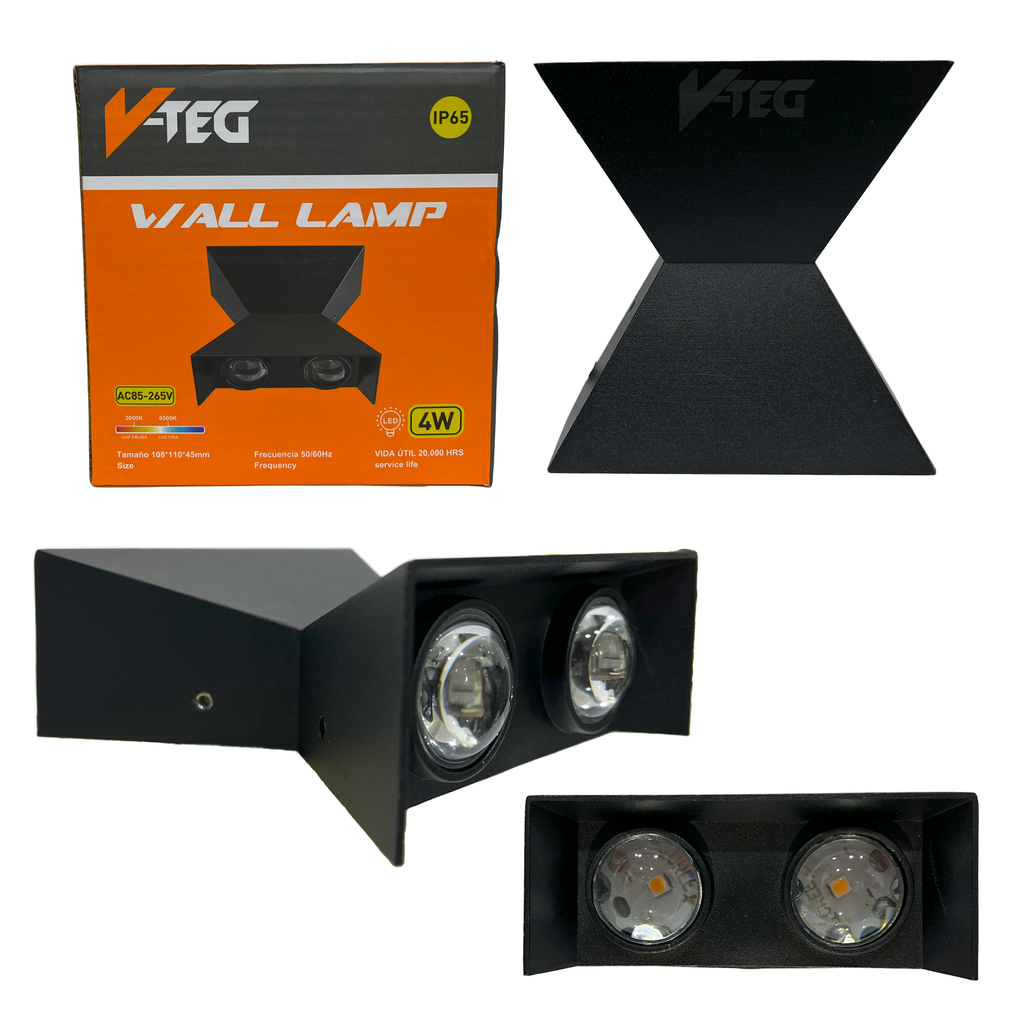 LAMPARA APLIQUE NEGRA P/PARED 4W LUZ CALIDA V-TEG 8-139