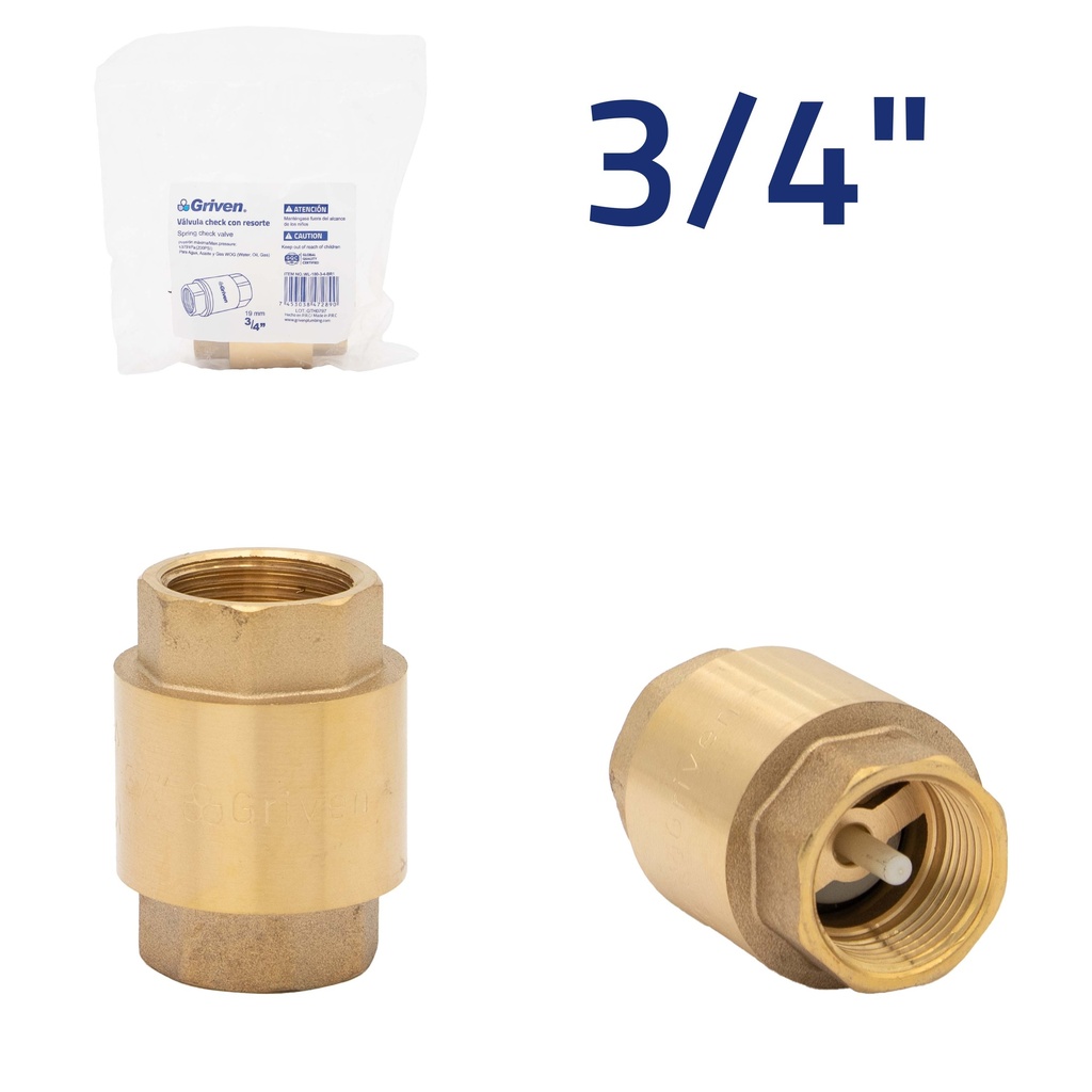 VALVULA CHECK BRONCE x 3/4" ASIENTO PLASTICO GRIVEN 5-182