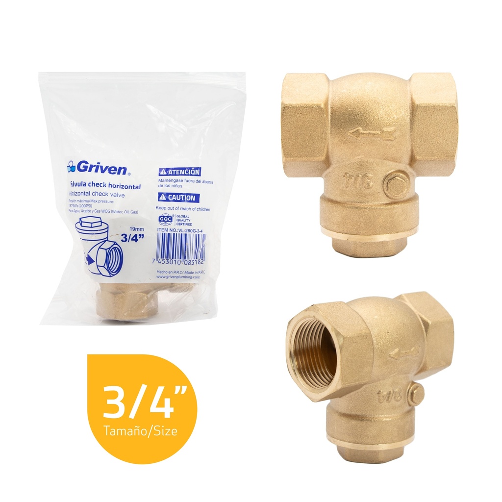 VALVULA CHECK HORIZONTAL BRONCE x 3/4" GRIVEN 5-188