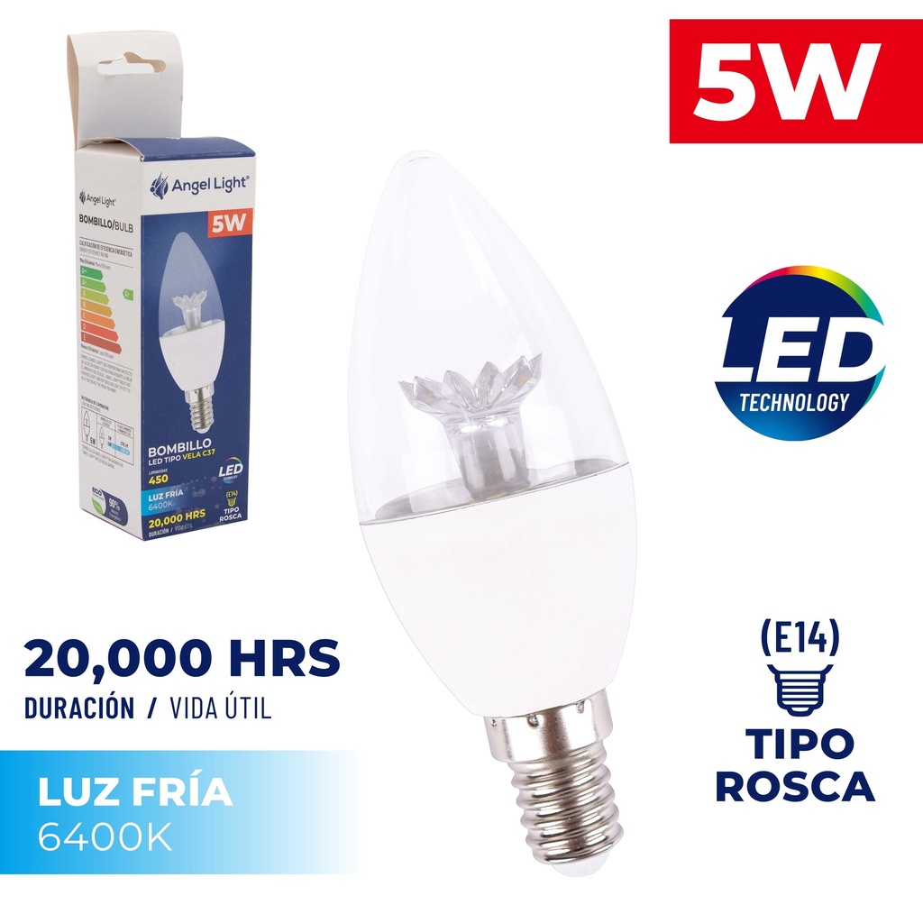 BOMBILLO VELA LED 5W LUZ FRIA RE14 ANGEL LIGH 5-190