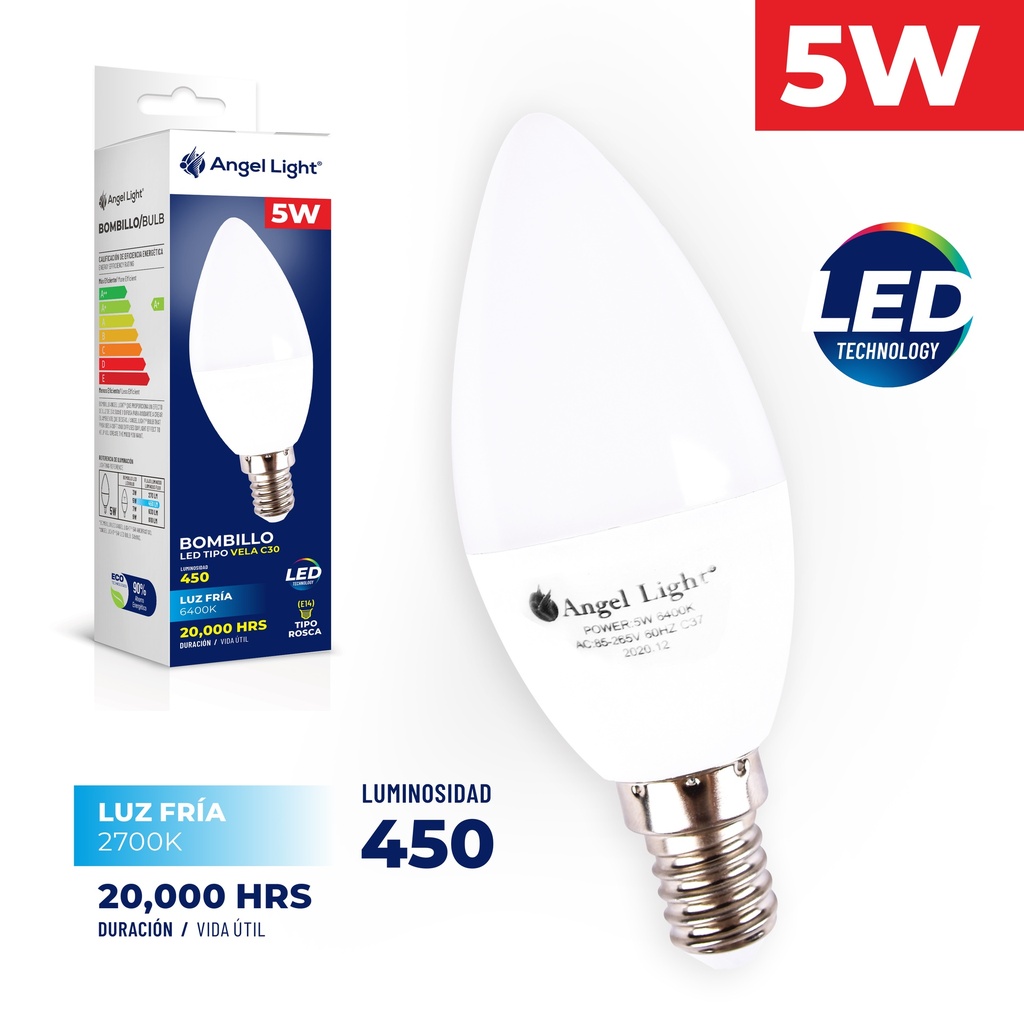BOMBILLO VELA LED 5W LUZ FRIA RE14 ANGEL LIGH 5-196