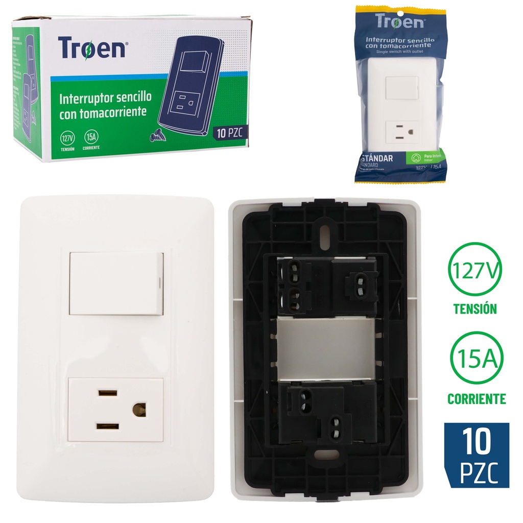 INTERRUPTOR SENCILLO+TOMA BLANCA HUESO TROEN 5-203