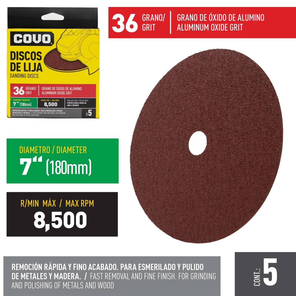 DISCO DE LIJA 7" GRANO 36 x 5 UNID COVO 5-251