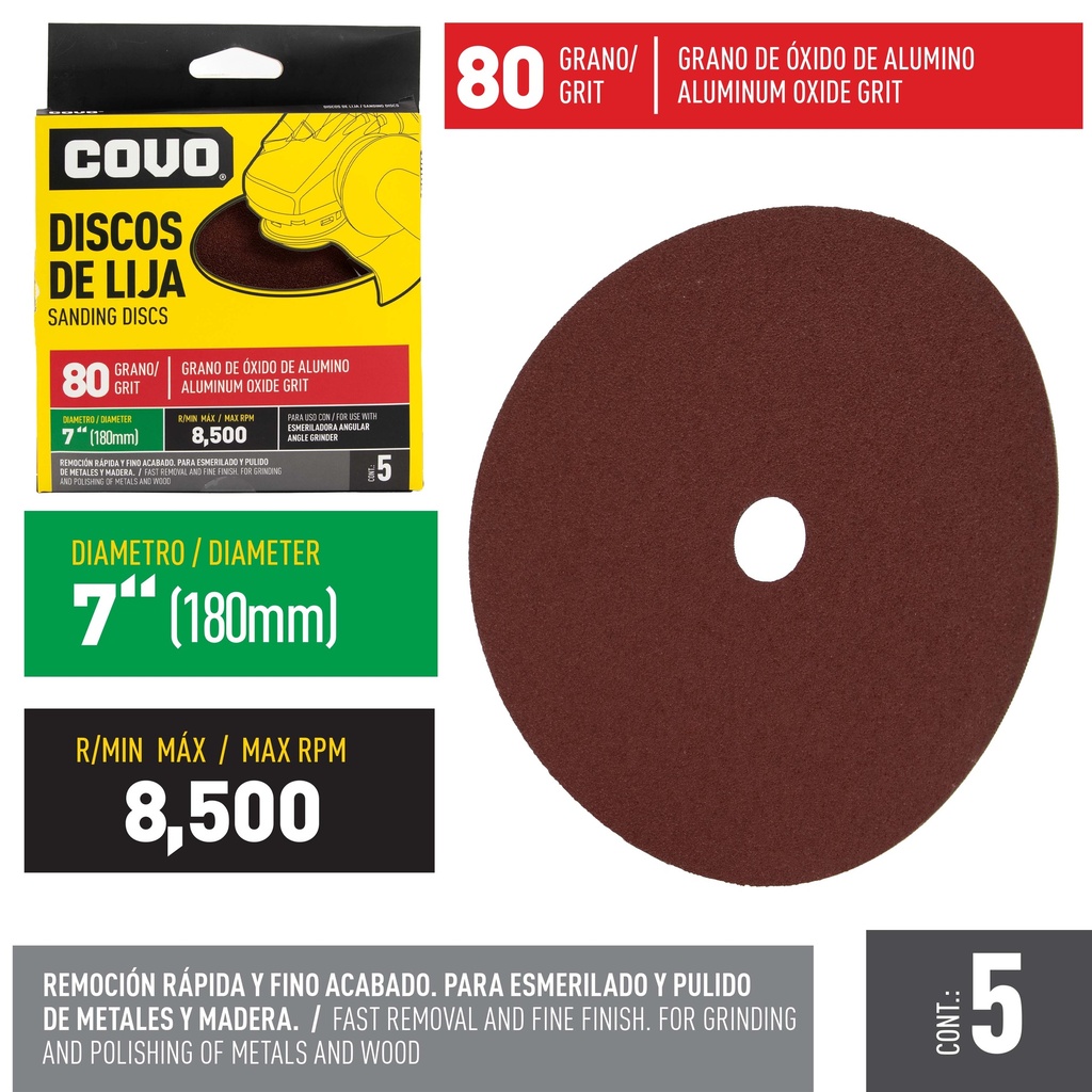 DISCO DE LIJA 7" GRANO 80 x 5 UNID COVO 5-253