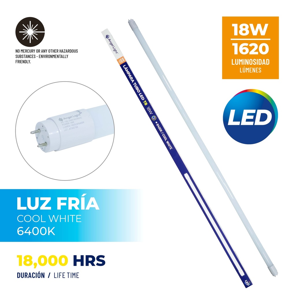 TUBO LED VIDRIO T8 18W ANGEL LIGHT 85-265V 5-258