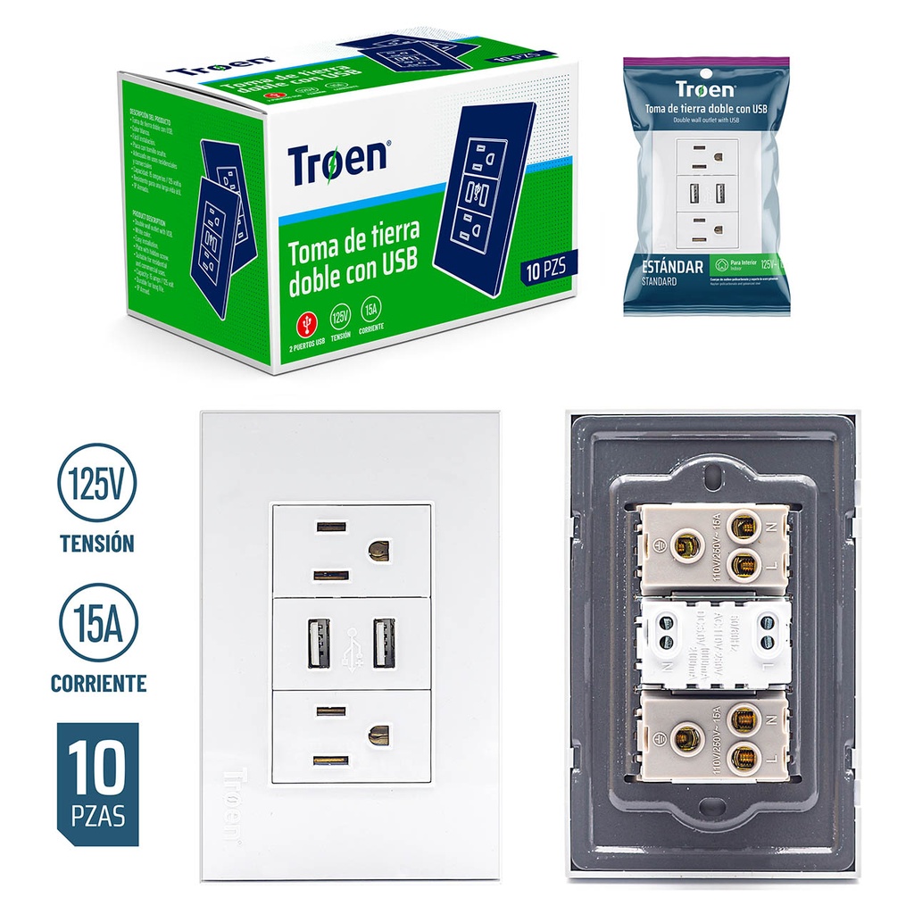 TOMA DOBLE C/TIERRA C/PUERTO USB BLANCA TROEN 5-293