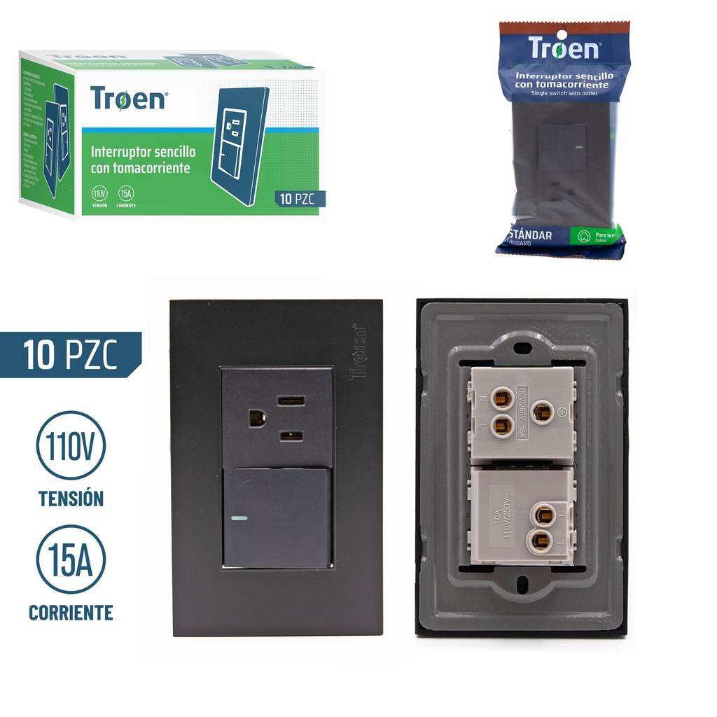 INTERRUPTOR SENCILLO+TOMA NEGRO TROEN 5-300