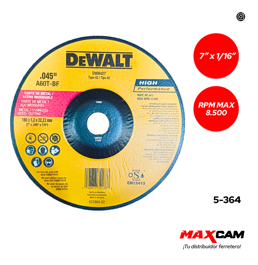 DISCO C/METAL FINO 7" x 1/16" DEWALT  5-364