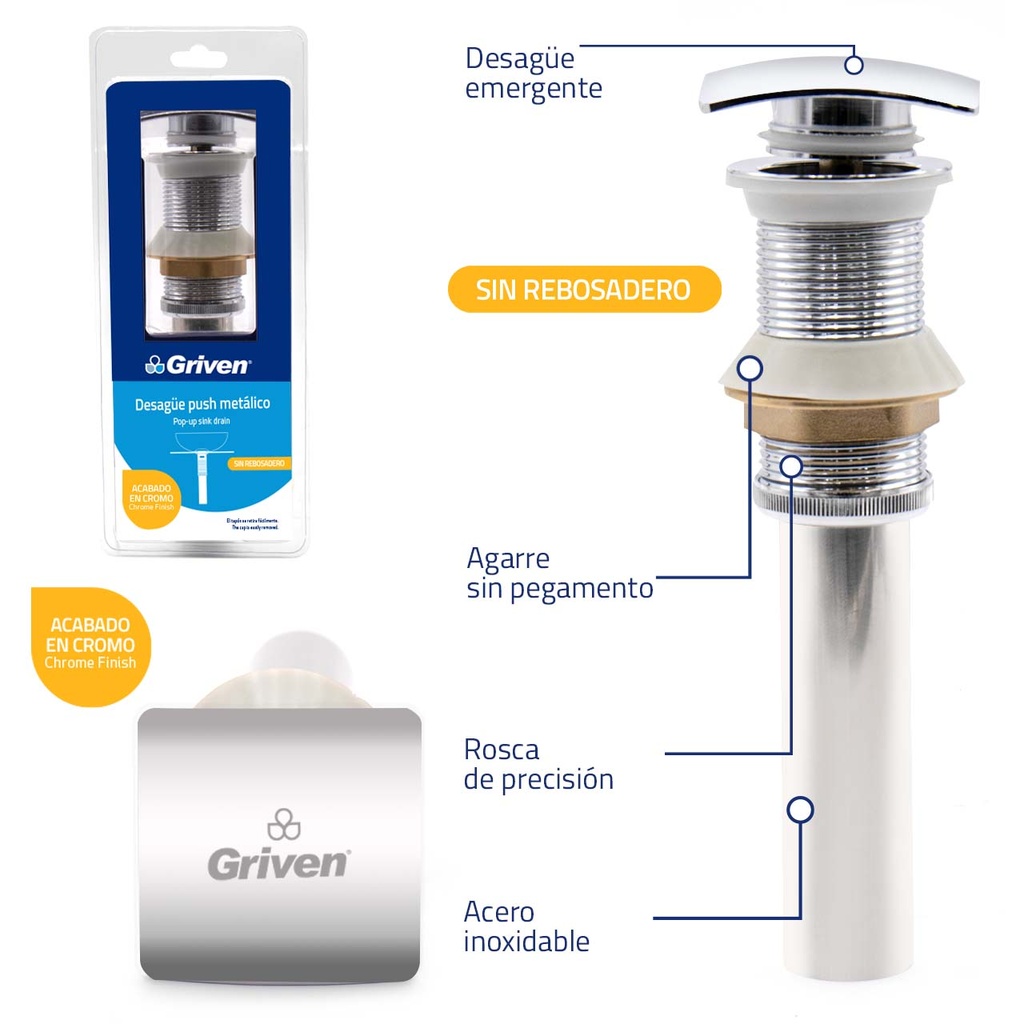 DESAGUE LAV PUSH METAL CUADRADO SIN REBOSADERO GRIVEN 5-487