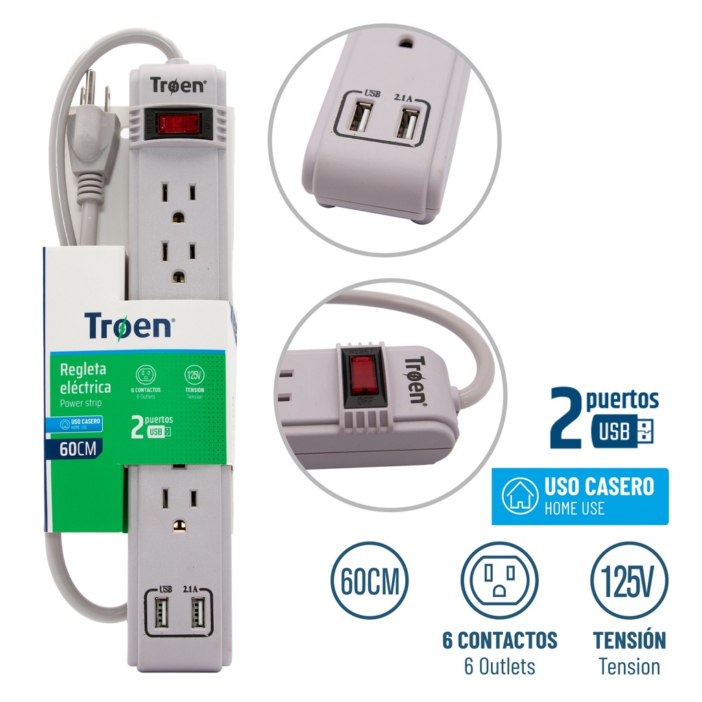 REGLETA 6 TOMAS + 2 USB TROEN 5-491