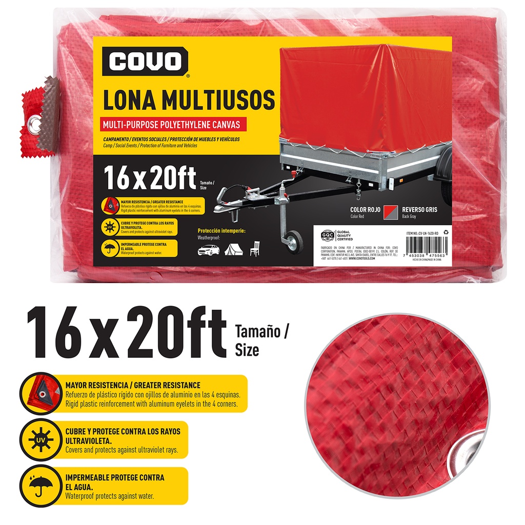 LONA PLASTICA ROJA 16X20FT COVO 5-750