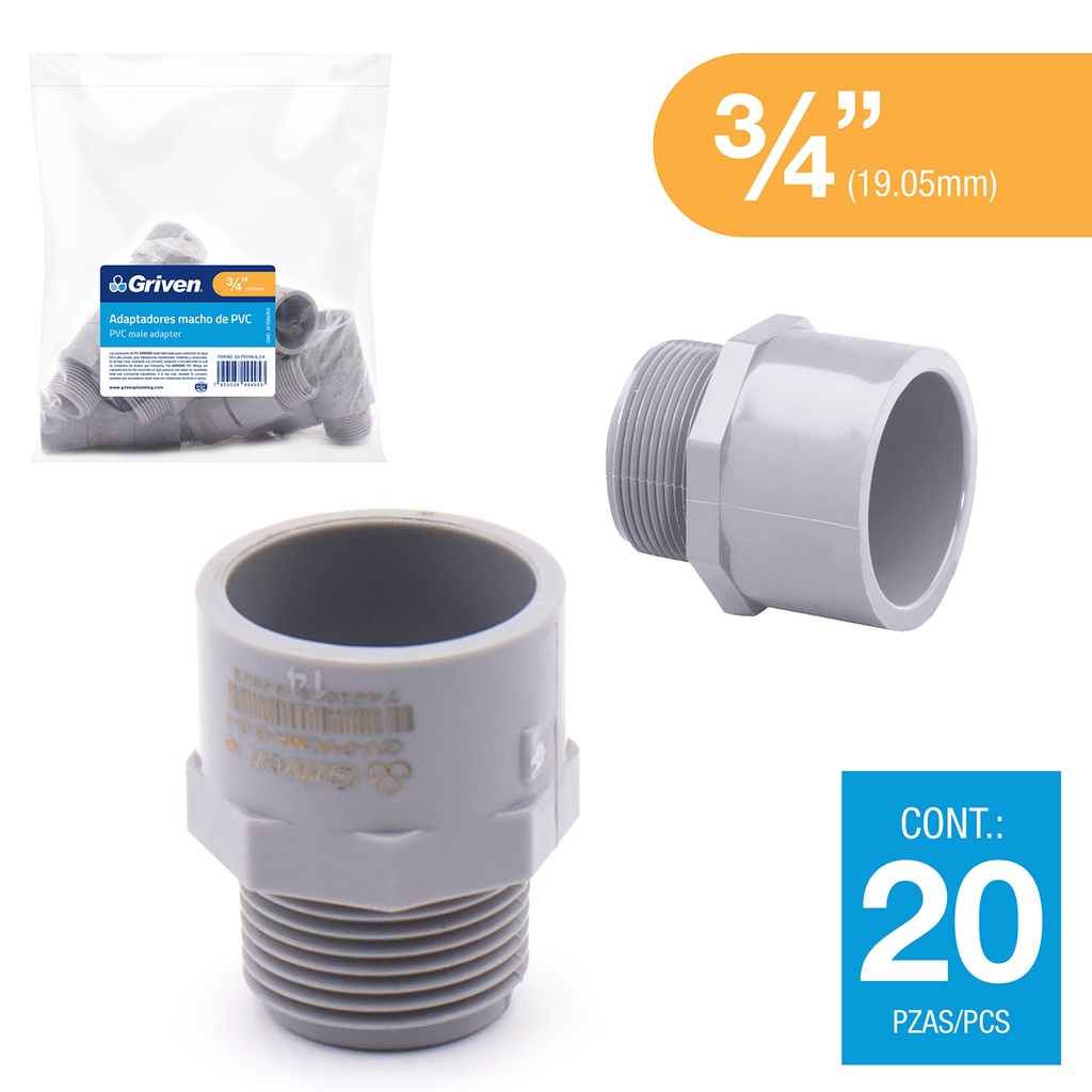 ADAPTADOR MACHO AGUA FRIA x 3/4 GRIS GRIVEN 5-917