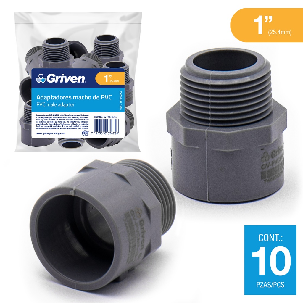 ADAPTADOR MACHO AGUA FRIA x 1" GRIS GRIVEN 5-919