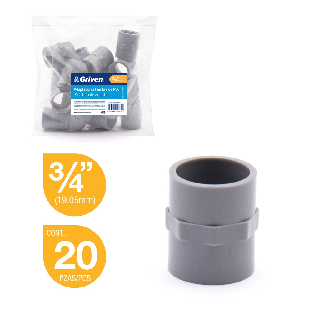 ADAPTADOR HEMBRA AGUA FRIA x 3/4" GRIS GRIVEN 5-920