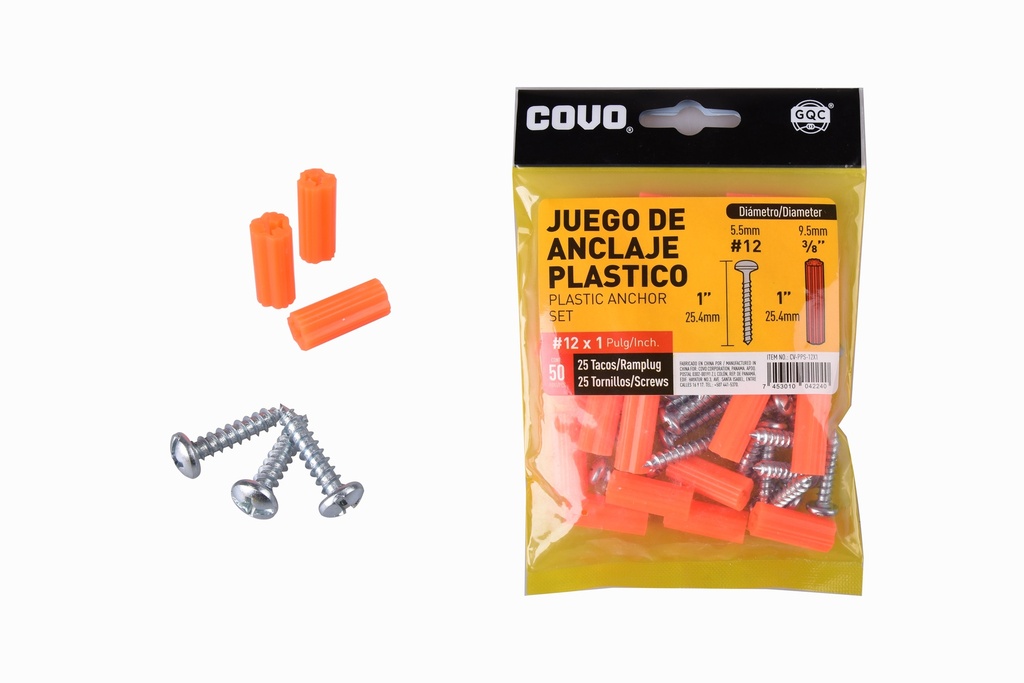 RAMPLUG NARANJA 3/8 + TORNILLO 12X1 x 25PCS COVO 5-934
