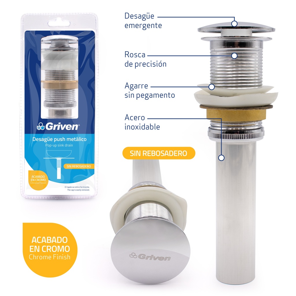 DESAGUE LAV METALICO PUSH SIN REBOSADERO GRIVEN 5-980