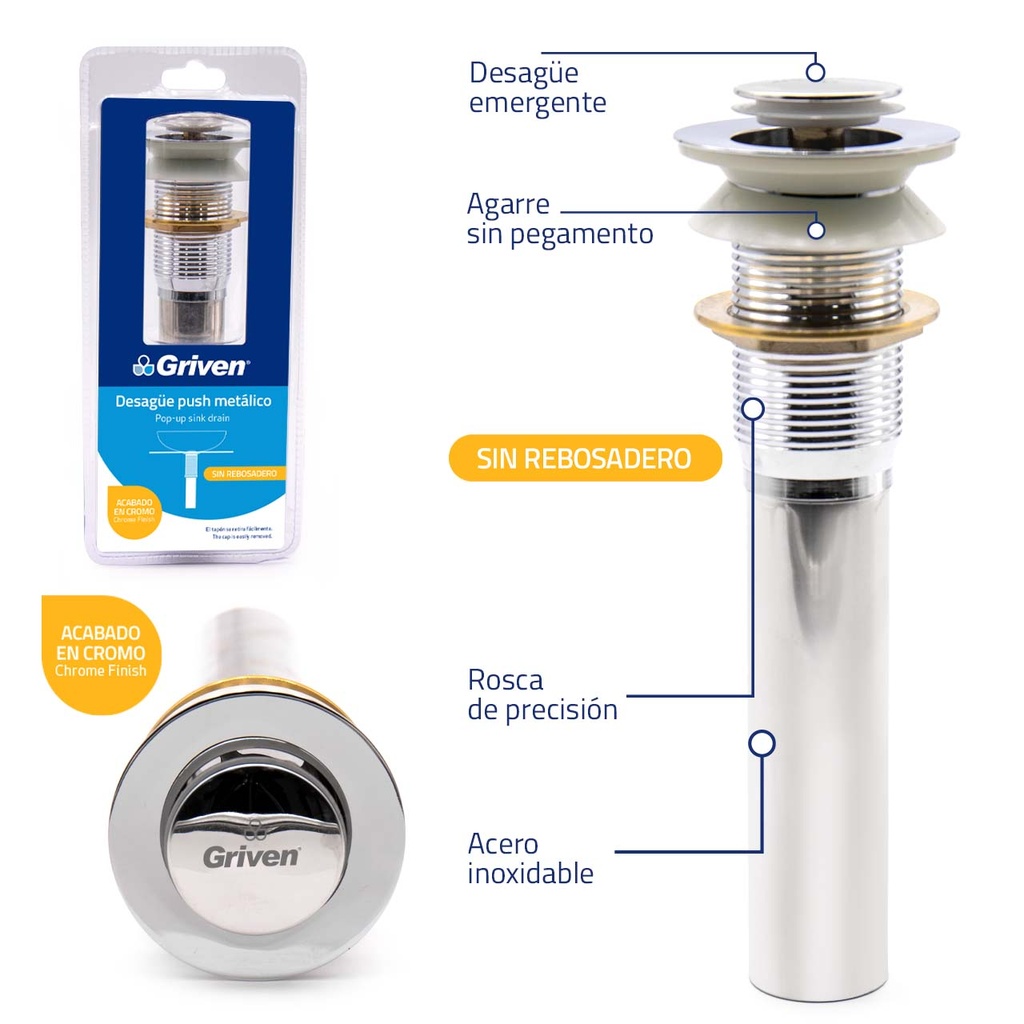 DESAGUE LAV METALICO PUSH SIN REBOSADERO GRIVEN 5-981