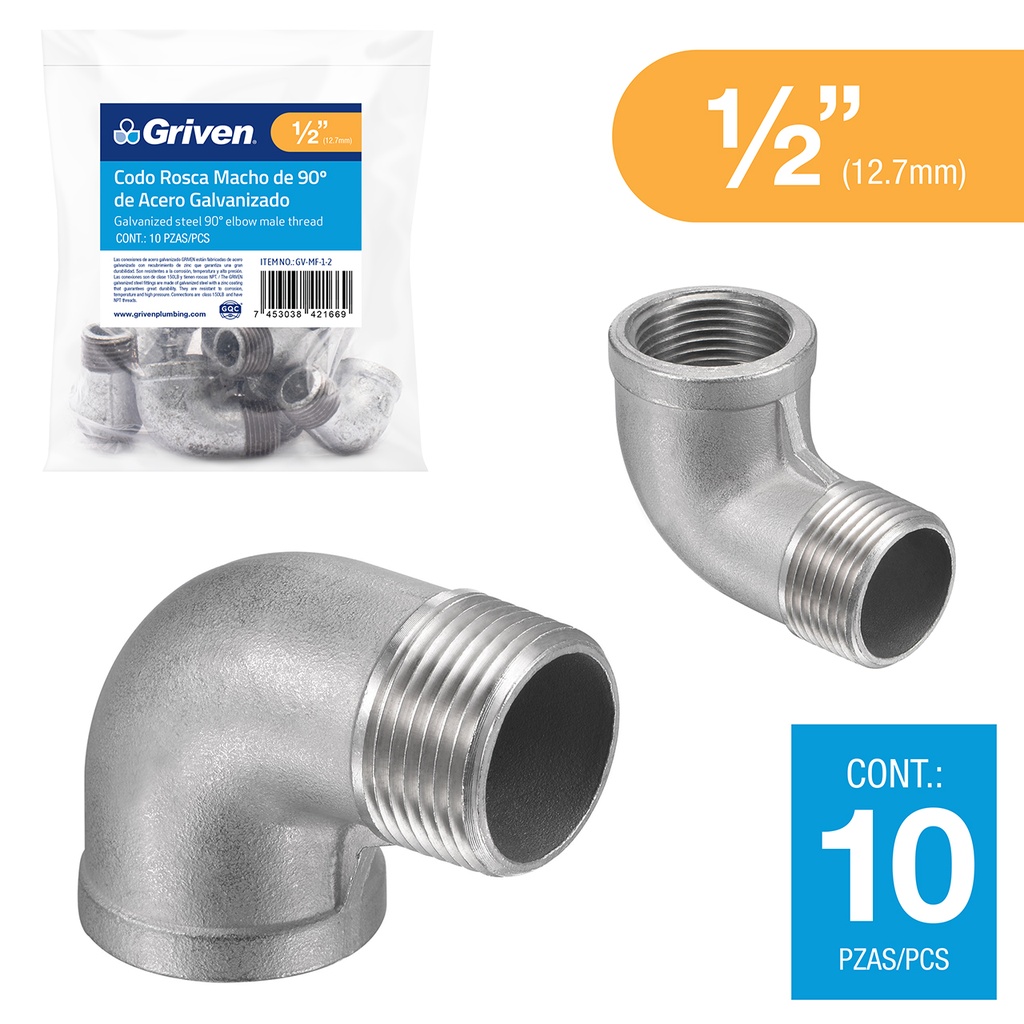 CODO CACHIMBO GALVANIZADO 1/2" x 90 GRIVEN 6-115