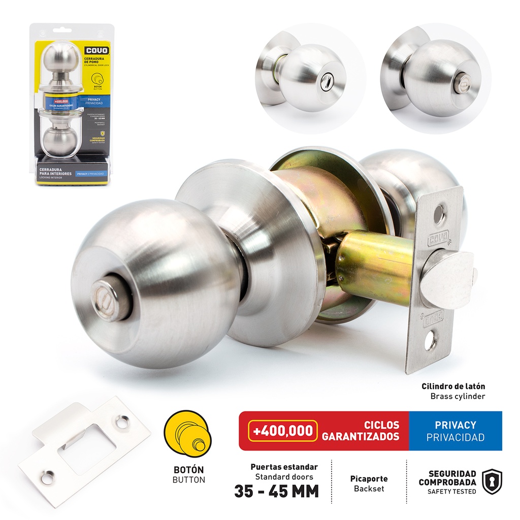 CERRADURA DE BAÑO POMO BOTON PLATA COVO 6-120