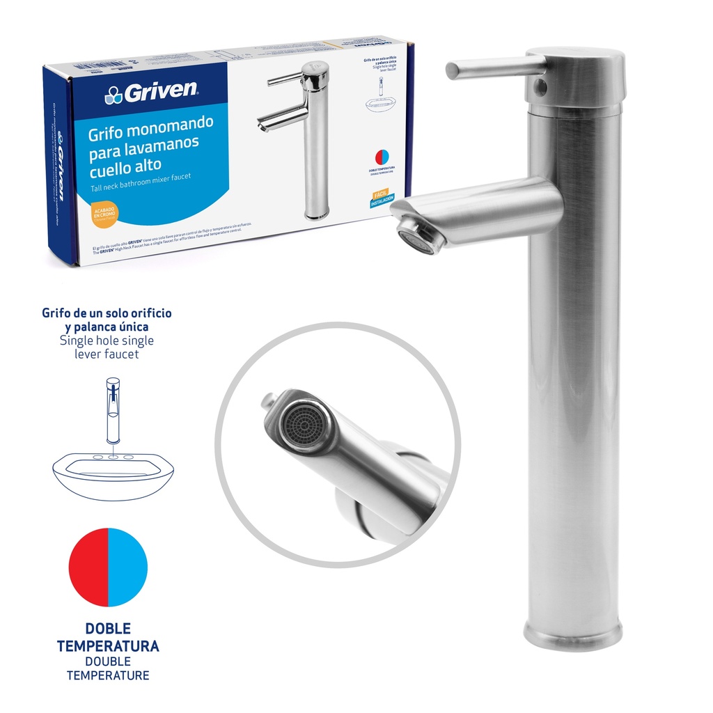 LLAVE LAVAMANO ALTA MONOMANDO x 30 CM GRIVEN 6-134