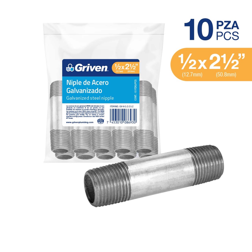 NIPLE GALVANIZADO 1/2 x 2 1/2" GRIVEN 6-151