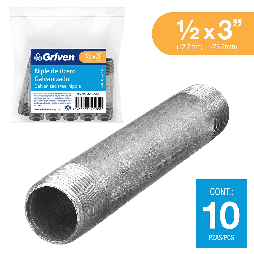 NIPLE GALVANIZADO 1/2 x 3" GRIVEN 6-152