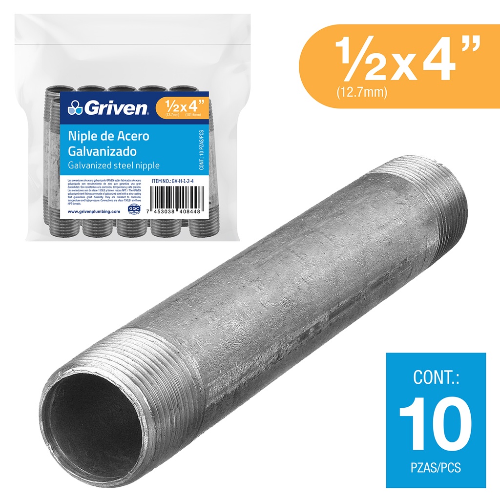 NIPLE GALVANIZADO 1/2 x 4" GRIVEN 6-153