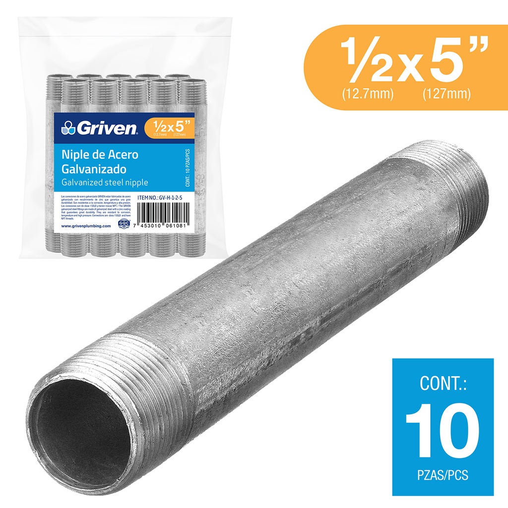 NIPLE GALVANIZADO 1/2 x 5" GRIVEN 6-154