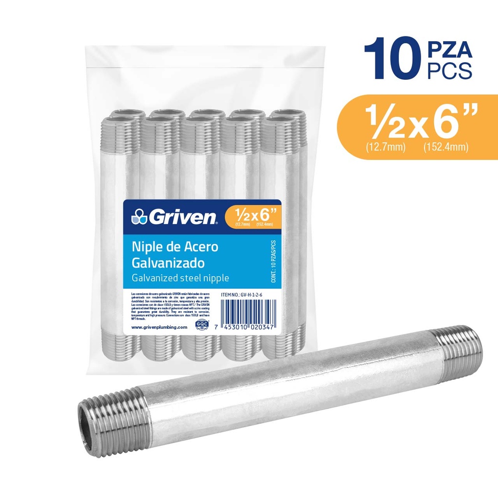 NIPLE GALVANIZADO 1/2 x 6" GRIVEN 6-155