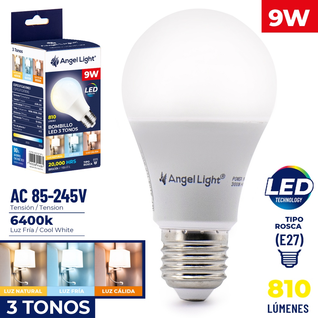 BOMBILLO BULBO LED 9W 3 TONOS ANGEL LIGHT 6-188