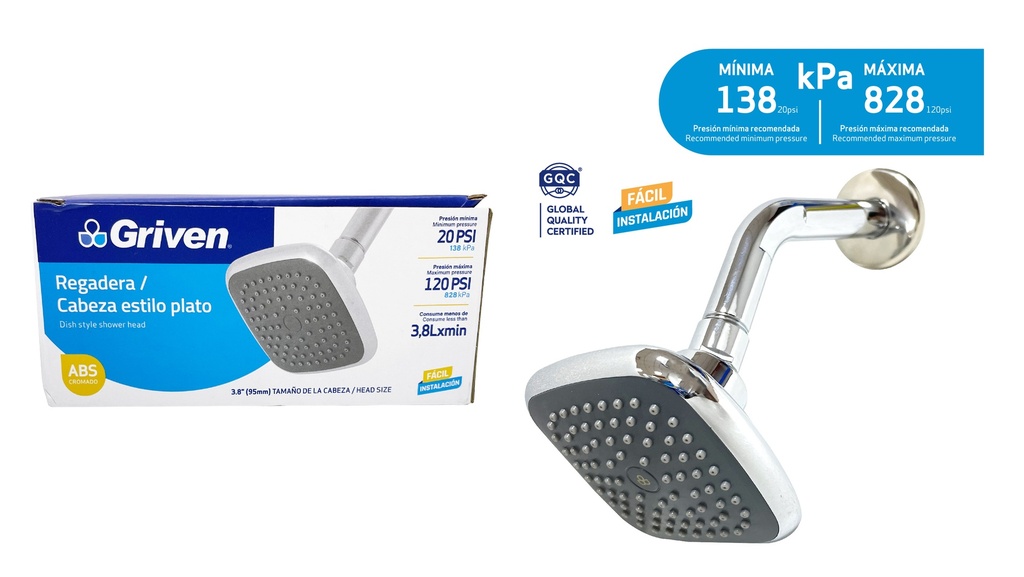 REGADERA CUADRADA 9.5CM PLAST/CROMADO C/TUBO GRIVEN 6-209